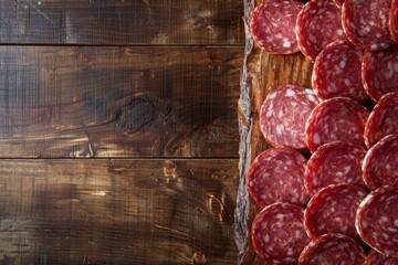 Wall Mural - Various slices of salami neatly arranged on a wooden cutting board in a symmetrical pattern