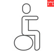 Man sitting on exercise ball line icon, chiropractor and home workout, person on a fitness ball vector icon, vector graphics, editable stroke outline sign, eps 10.