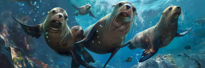 Poster - Sea lions are swimming with their cubs in the deep, clear and beautiful sea.