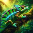  Colourful Chameleon Sitting on tree branch , abstract background ,Close-up , Portrait , Horizontal ,high resolution, nature, ecology, 3d rendering