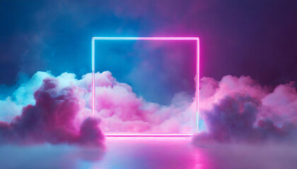 Wall Mural - Pink and blue neon light frame in the clouds with copy space. 3D rendering. Abstract background.