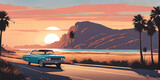 Fototapeta  - 1960s California summer: minimalist car cruising coastal highway