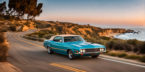 1960s California summer: vintage car cruising coastal highway