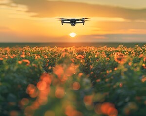 Poster - smart agricultural drones flying over a vibrant floral field at sunset showcasing the digital farmer