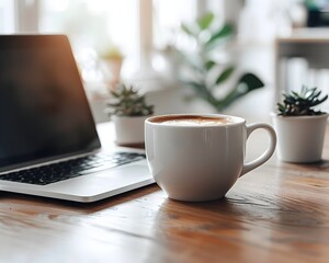 Poster - Cozy Workday Retreat with Laptop and Freshly Brewed Coffee on Rustic Wooden Desk in Bright Natural Inspired Home Office Setting