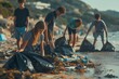 Teenagers collaborating in beach cleanup as part of a campaign for marine habitat conservation and care
