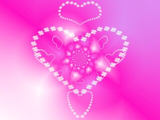 Poster - Abstract background and pattern with hearts of white flowers - occasional and decorative composition with effect of rays of lights depth and space in pink, white and blue colors.