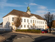 Town hall, Radhus, white building with carillon tower in Bogense, Funen, Denmark