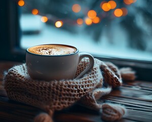 Poster - Cozy Winter Cabin Moment with Steaming Coffee Mug