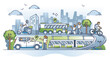 Sustainable transportation with green energy source usage outline concept, transparent background.Alternative, renewable and nature friendly transport for city mobility services illustration.