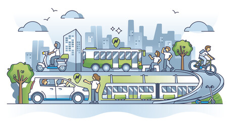 Sustainable transportation with green energy source usage outline concept, transparent background.Alternative, renewable and nature friendly transport for city mobility services illustration.