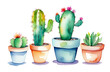 Beautiful colourful cactus plants in pots, set, watercolour painting on white background, flower postcard