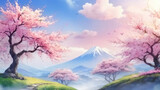 Fototapeta Sport - Beautiful fantasy spring natural landscape and cherry blossom tree animation background in Japanese anime watercolor painting illustration style. seamless looping animated video
