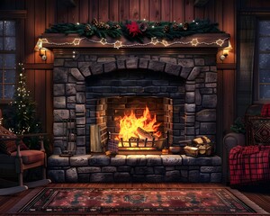 Poster - Cozy Fireplace with Crackling Fire Ideal for Festive Winter Home Comfort Indoor Decor and Atmosphere