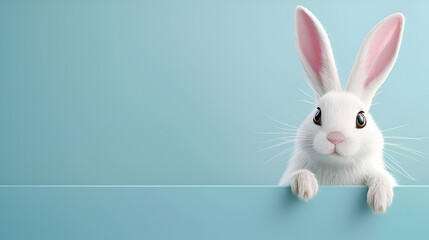 Wall Mural - Vector easter rabbit, bunny, hare looking out over a poster on a pastel background 
