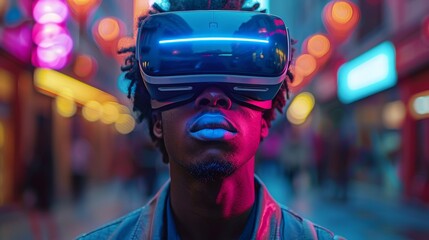 Aufkleber - An individual in augmented reality or AR helmet on his head, looking up at a virtual simulation. A man in futuristic virtual reality 3D headsets or VR glasses. Digital computer entertainment