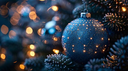 Poster - Christmas card with globe-shaped decoration on Christmas tree close up. Digital internet communication congratulation card.