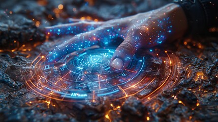Leinwandbilder - The abstract interface of VR or AR is represented in the hand of a user in a simulation of virtual reality. The hand interacts with data infographics in augmented reality. The abstract interface is
