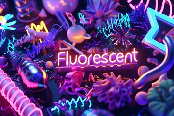 Wall Mural - A dynamic display of neon 3D elements and bold Fluorescent text in a surreal digital artwork