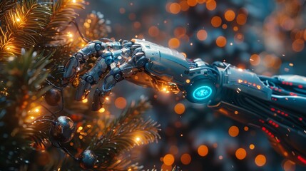 Poster - Merry Christmas and New Year background. Cyborg arm decoration for Christmas tree. AI or artificial intelligence greets the new year. Banner.