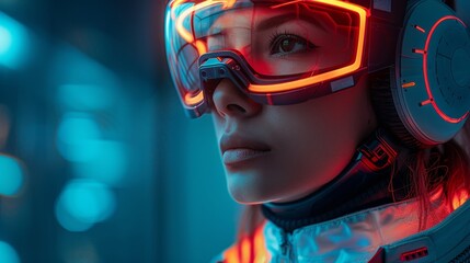 Aufkleber - Graphite cyborg in futuristic suit, sci-fi tech punk hairstyle. Graphic cyborg with electronic implants, VR glasses in cyberspace. Cosplay.
