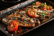 Succulent grilled sardines laid on a ceramic plate, garnished with sliced tomatoes, herbs, and a sprinkle of sesame seeds, ready to delight any seafood aficionado.