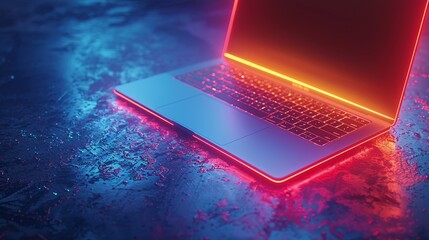 Aufkleber - Computer technology concept illustration. Angled top view of the electronic device with its screen shining. Rotated laptop balances on corner. Keyboard view on laptop on blue background. Computer