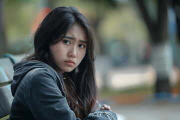 Wall Mural - portrait of young sad woman sitting on a bench in a park