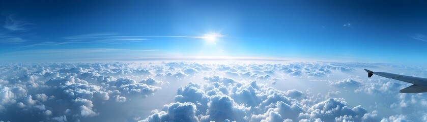 Poster - Airplane Wing Cutting Through a Serene Sea of Fluffy Clouds in a Boundless Blue Sky Conveying a Sense of Freedom and Endless Possibilities