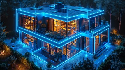 Fototapete - The development of hardware and software of a smart building. 3D drafting of the building, engineering communications. IOT system for phone control of the smart building. Development of IOT for