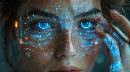 Poster - Animated anthropomorphic image of a robot woman working with a 3-D holographic interface. Anthropomorphic image of a robot woman with a beautiful face and a cute robotic arm pressing buttons.