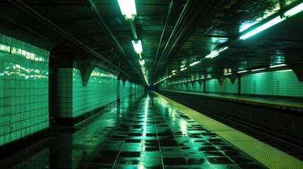 A subway station is lit up with green lights