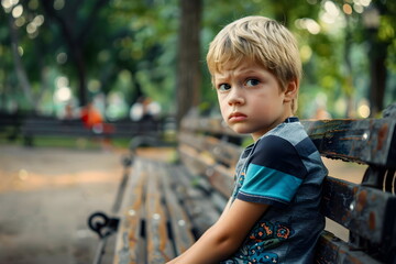 Wall Mural - portrait of a sad child boy sitting on a bench in a park