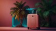 Tropical palm tree and suitcase on neon color background, minimal summer and travel concept., is very breathtaking, very realistic, 8k quality, hyper realistic, ultra realism