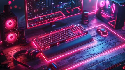 Poster - Isometric illustration of a gaming PC computer glowing in the dark. Neon lights of electronic parts of the system box computer.