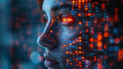 Leinwandbilder - The face of artificial intelligence looking at trading charts information. Neural networks analyzing finance economic data. Robot trader works on stock exchanges.