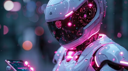 Fototapete - Artificial intelligence robot looking at logo AI hanging over phone in hand. Futuristic digital technology of data processing. Robot or cyborg analyzing big data.