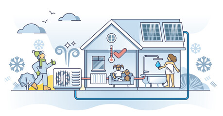 Air source heat pump setup outline concept, transparent background. Efficient domestic central heating system for family home. Sustainable and energy saving solution for households.