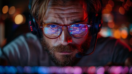 Poster - Computer coder programming on computer. Portrait of a man with headset, glasses looking at codes on screen computer. Hacker.
