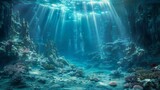 Fototapeta Do akwarium - Mystical underwater landscape evoking the depths of the Challenger Deep, ideal for fantasy-themed projects.