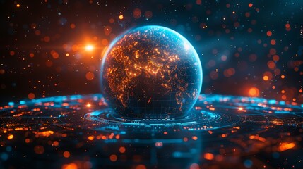 Poster - An earth globe with light dots on a dark background. Conceptual illustration of an Earth day globe hanging over a dashboard. A holographic globe in a style similar to modern computer games.