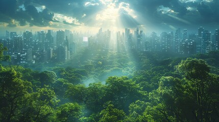 Poster - View of the city landscape from a forest. Vertical glass skyscrapers in the sun's rays. Futuristic urban landscape with a clear sky.