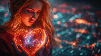Aufkleber - Pixelart heart hanging over woman's manicured hand. Holographic pixel art images of love heart. Valentines day background. Digital computers style.