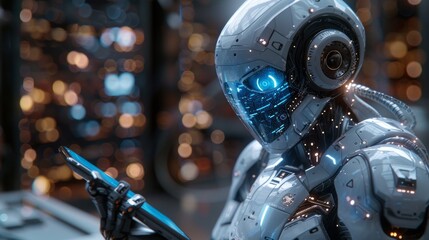 Fototapete - Artificial intelligence robot views logo AI hanging over phone in hand. Digital tech of the future of data analysis. Robot or cyborg analyze big data.