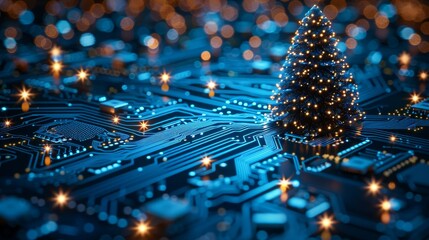 Canvas Print - The card template features a Christmas tree from the year 2024 on a printed circuit board, with snowflakes and electronic pulses. It's a New Year and Happy Holidays card template in the style of new