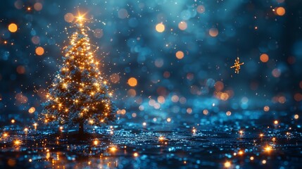 Poster - This is a Christmas tree made from 2024 digits in the style of technology on a blue background. It might be a New Year card or digital tech calendar poster. The logo of the 2024 year is hanging over