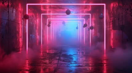 Aufkleber - The background of the object consists of a red and blue neon lamp in a dark cyberspace scene with hanging spheres. Abstract square borders or frames in a modern technology style.