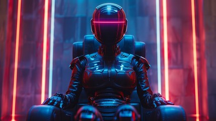 Poster - Image of cyborg queen in neon glow. Robot woman majestically seated on throne. Sci-fi illustration of artificial intelligence. AI rules world.