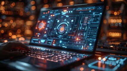 Leinwandbilder - Technology web development webinar concept with laptop containing educational material and programming interfaces. Online tutorial of programming of artificial intelligence.