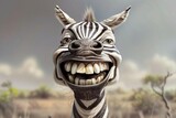 Fototapeta  - An illustration with a funny caricature of a large toothy zebra with a wide sweet smile in a savannah on a gray background